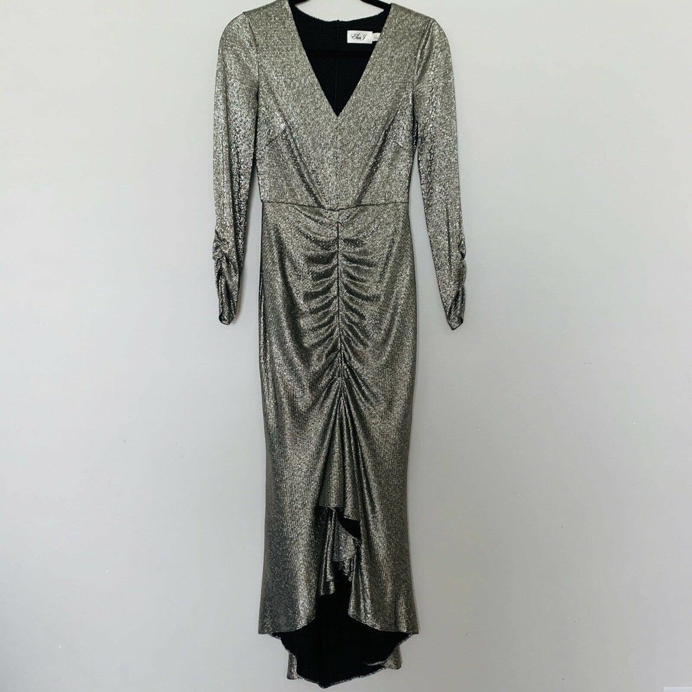 Eliza J Metallic Long Sleeve High/Low Gown - Picture 2 of 4